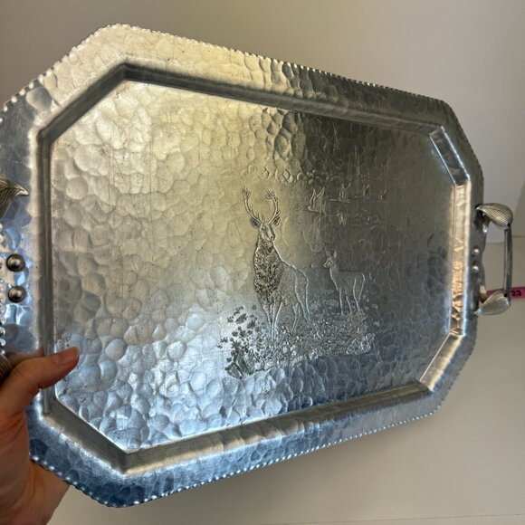 Vtg Deer‎ Geese Trade Continental Hand Wrought Hammered Aluminum Tray w Handles - Picture 11 of 11